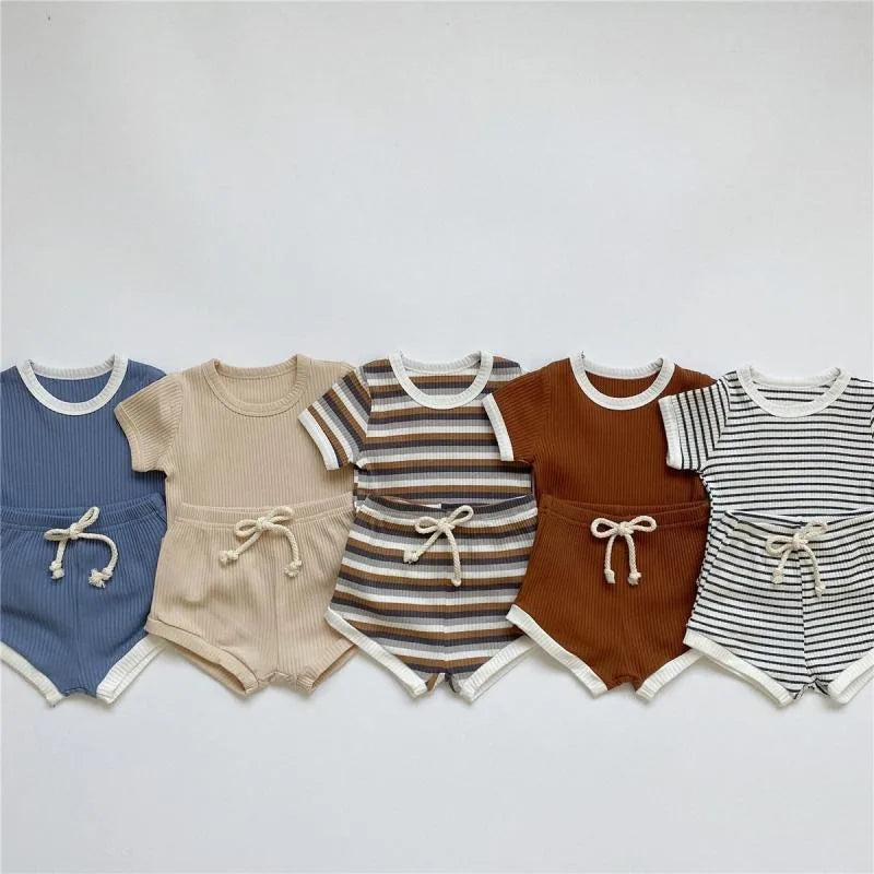 2 Pieces Boy Clothes Sets Soft Short Sleeve T-shirt Tops Striped Shorts