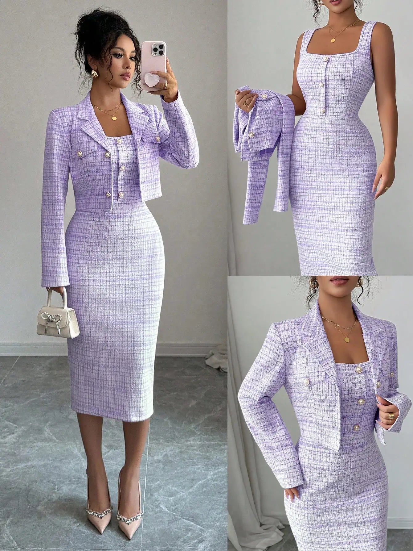 Elegant Tweed 2-Piece Set: Short Blazer Jacket + Sleeveless Fitted Bodycon Dress