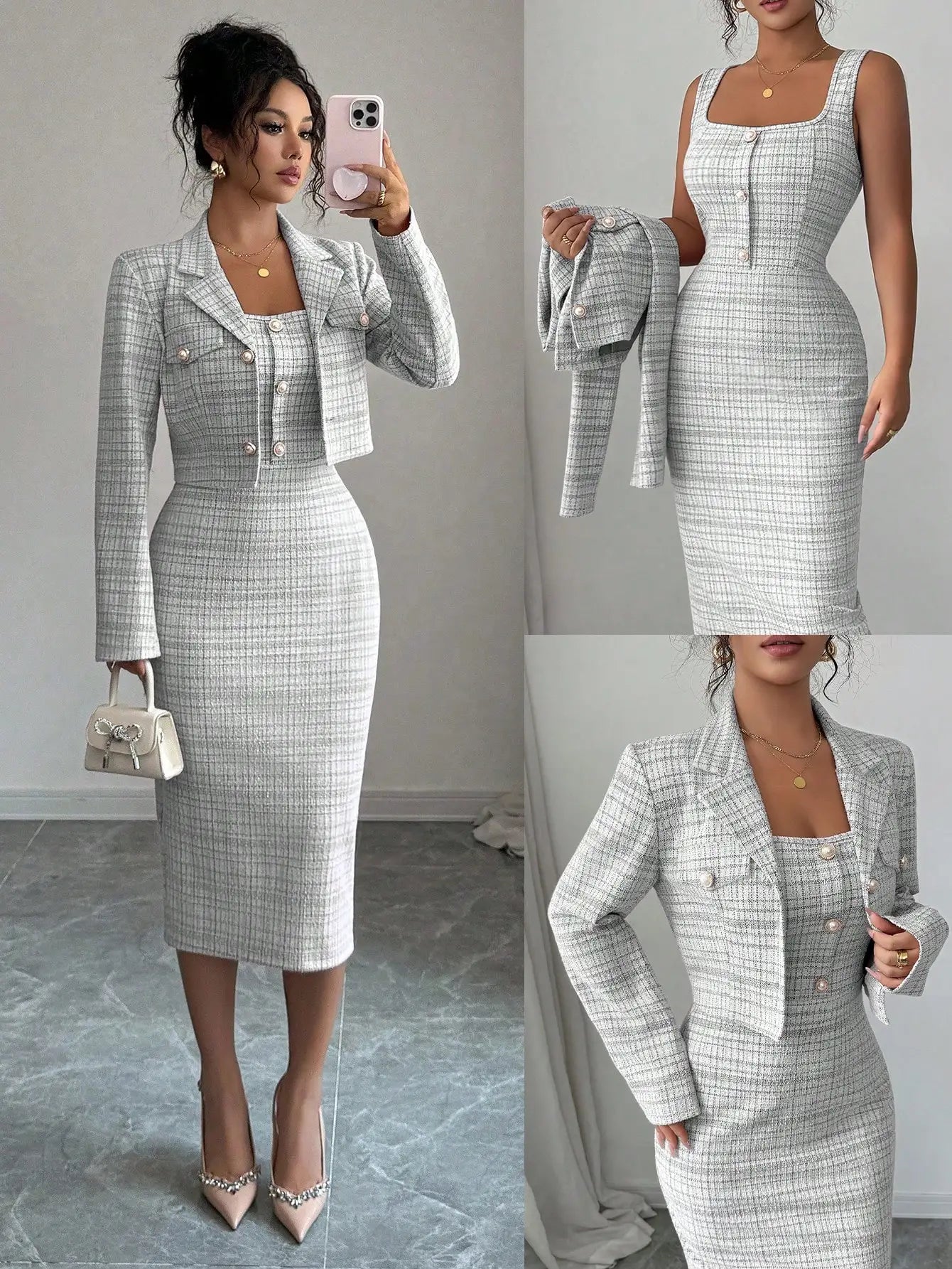 Elegant Tweed 2-Piece Set: Short Blazer Jacket + Sleeveless Fitted Bodycon Dress