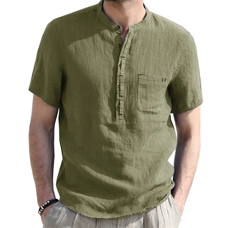 Casual Short Sleeve Linen Shirt Lightweight Breathable with Round Neck