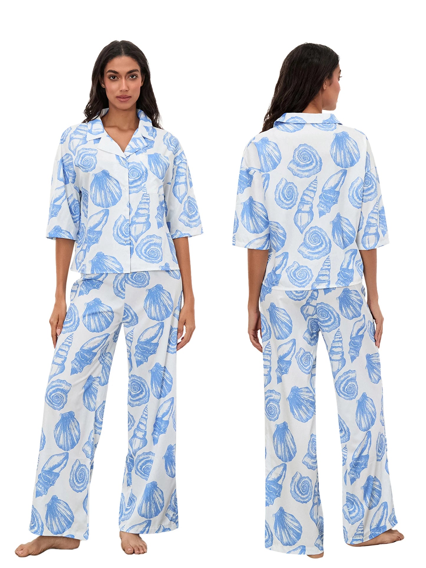 Women s Pajama Set Tropical Leaf Print Short Sleeve Button Down Tops Elastic Waist Pants 2 Piece Lounge Outfit