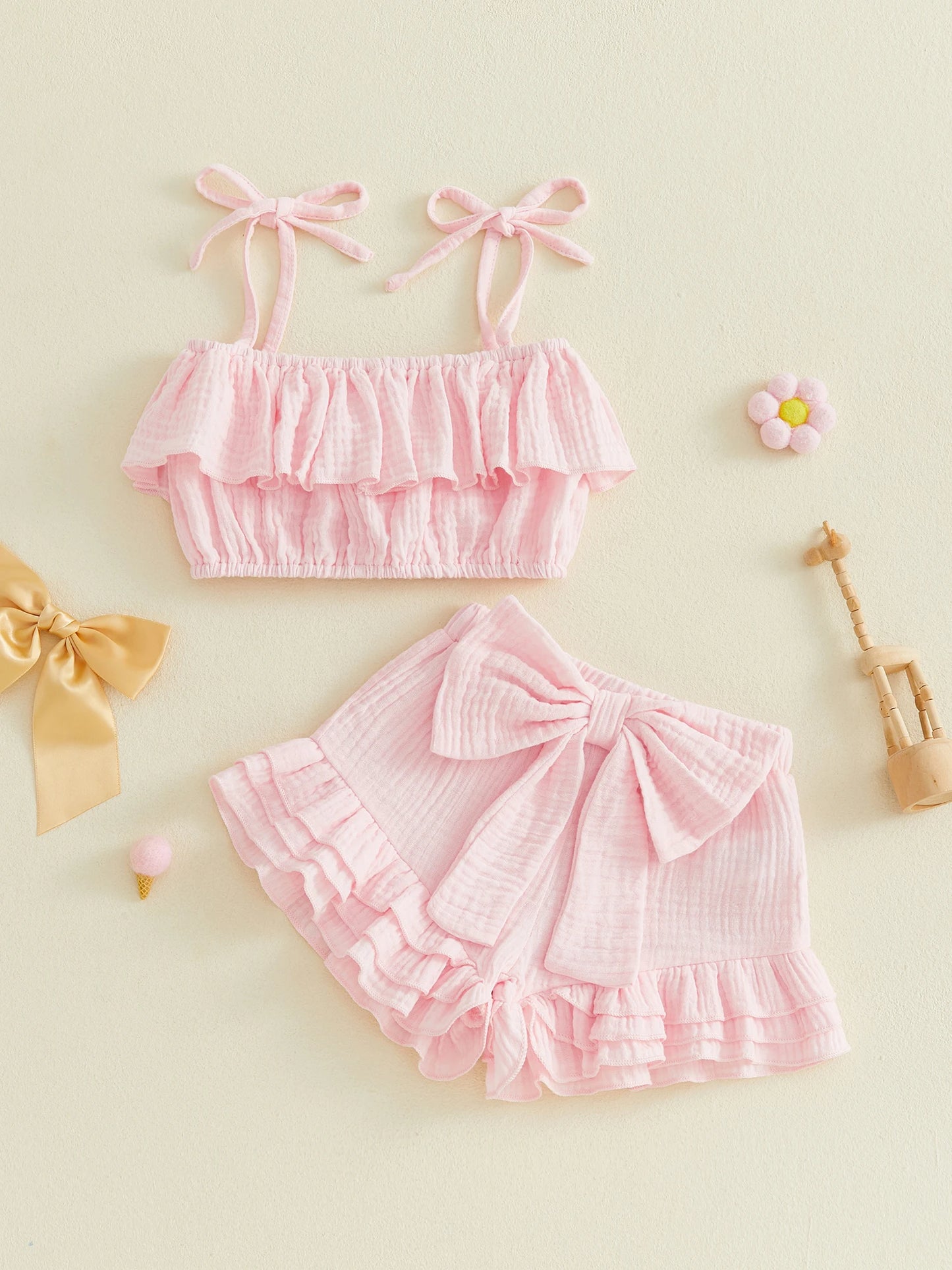 Girls Solid Color Ruffle Crop Cami Top and Shorts Set