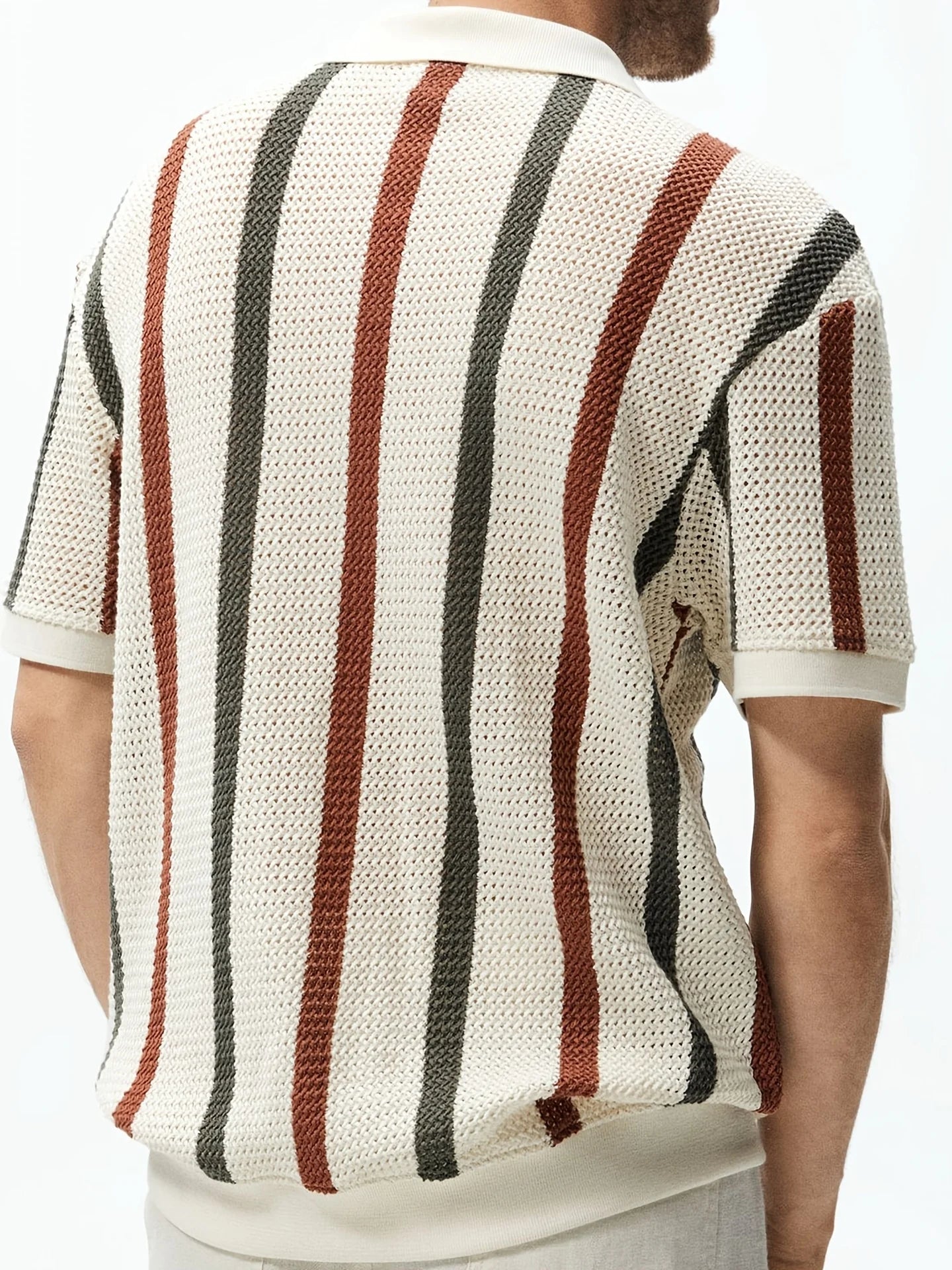 Men's Chunky Knit Short-Sleeve Polo Shirt With Stripes And Contrast Colors