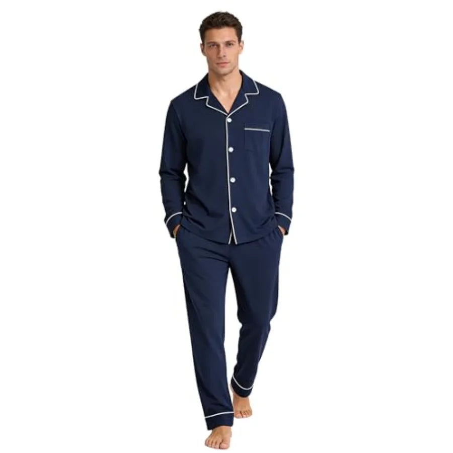 Men's Cotton, Soft Long Sleeve, Lightweight Button Up Sleepwear Lounge Set with Pockets