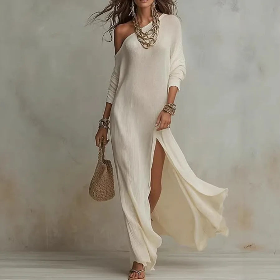 Elegant Long-sleeved Knitted Pleated Split Women's Dress