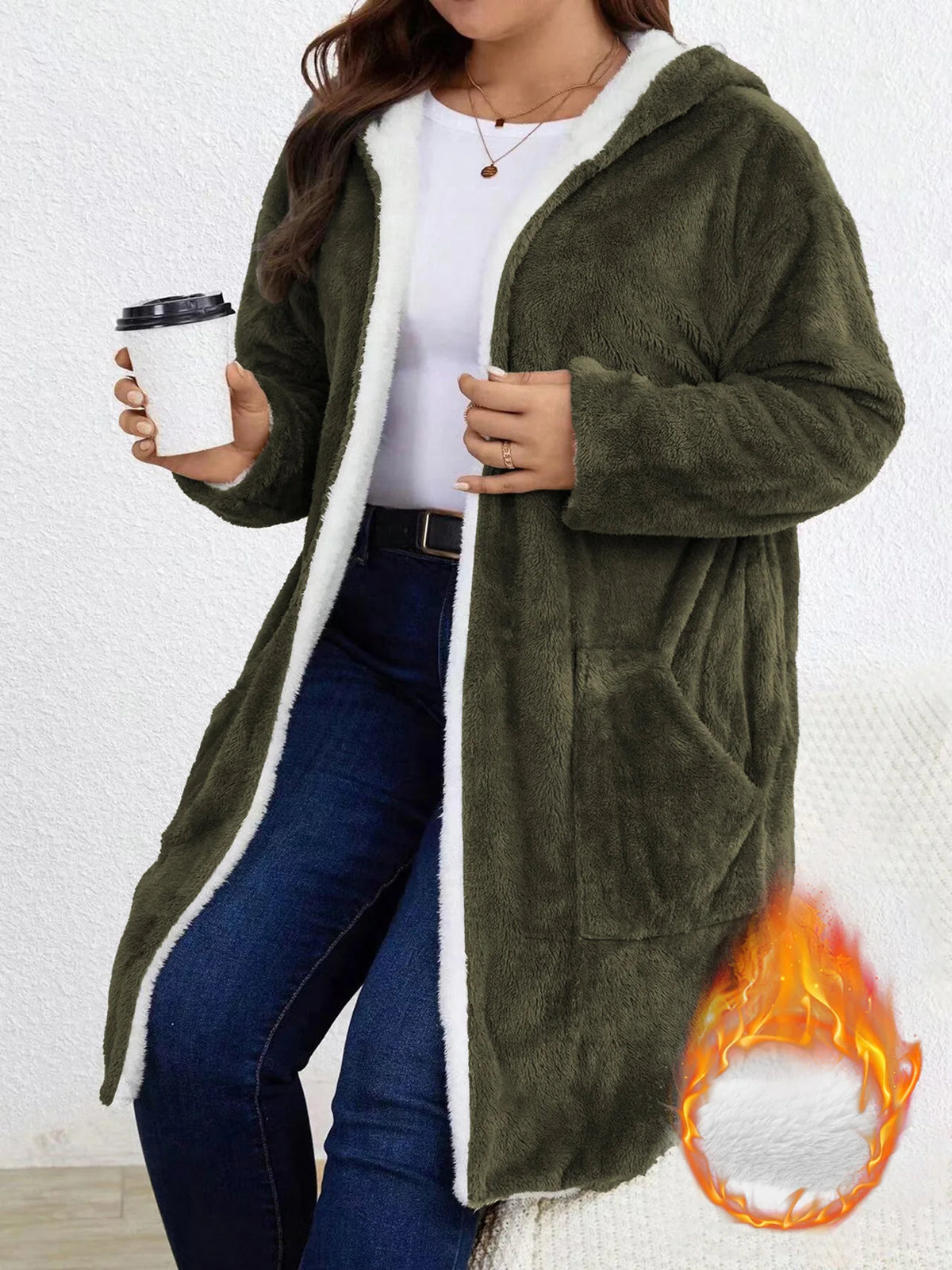 Women Fuzzy Fleece Lined Hooded Long Open Cardigan Warm Sherpa Trim Mid Length Coat With Side Pockets