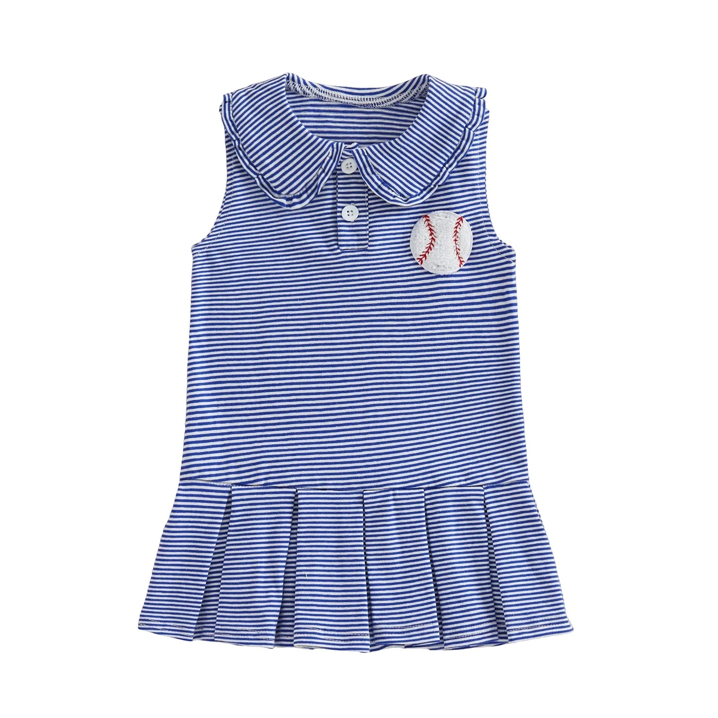 Girls Sleeveless A-line Dress with Doll Collar and Baseball Embroidery Striped Summer Dress