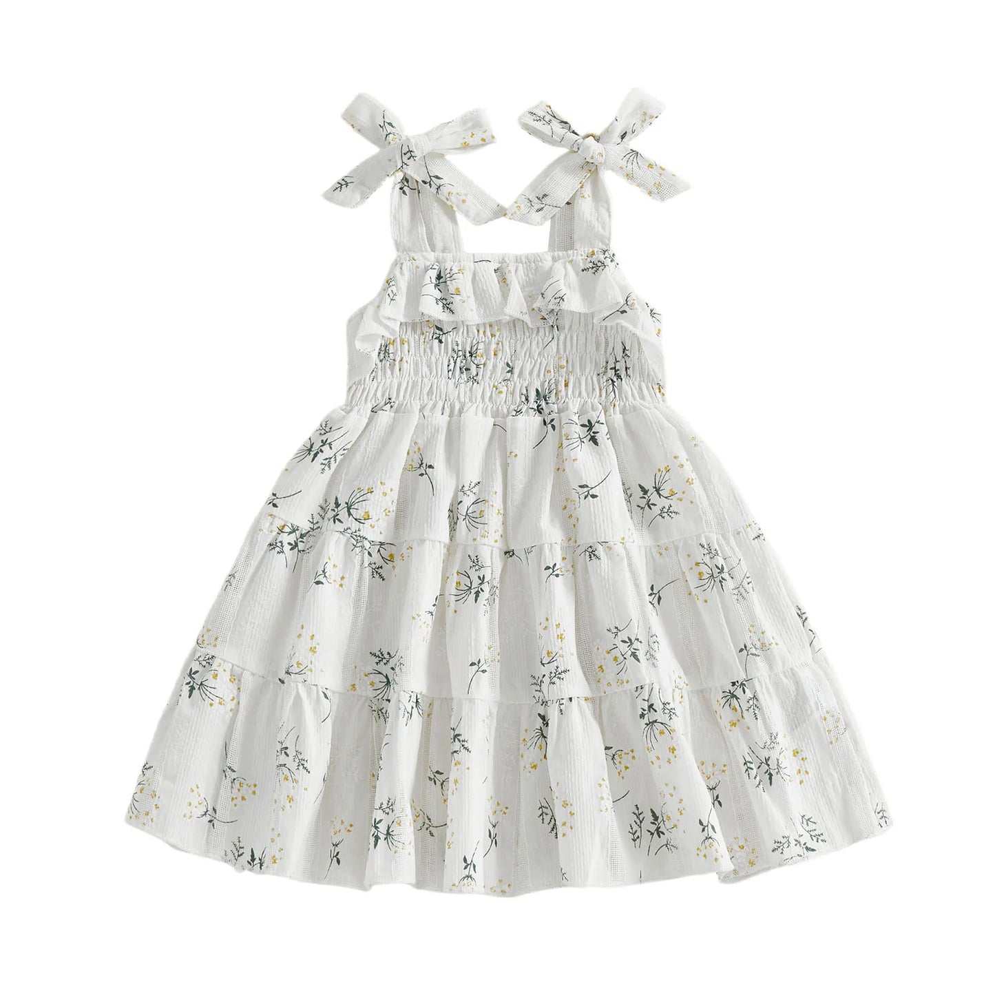 Girls Sleeveless Floral Print A-Line Dress with Tie Shoulder Detail