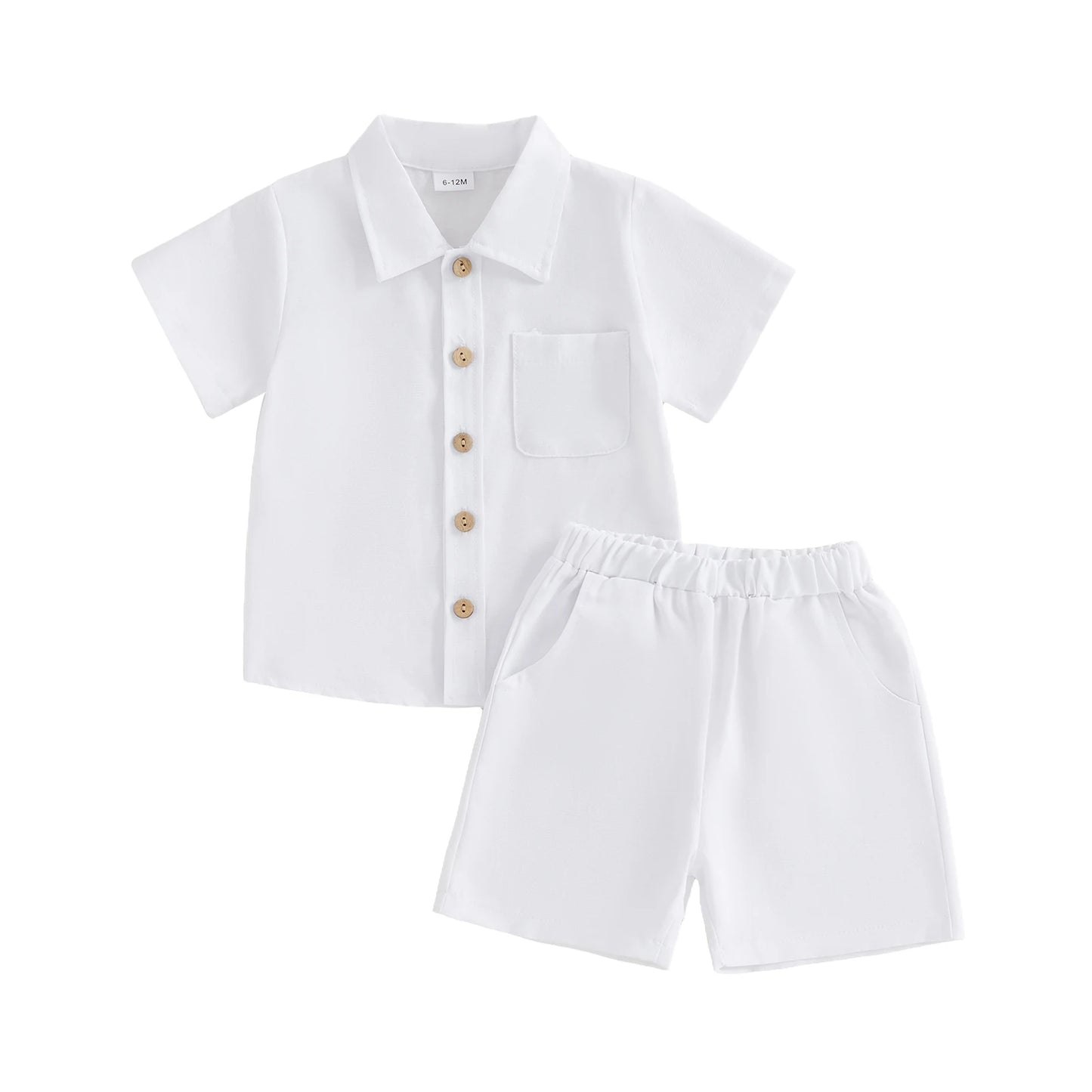 Boys Outfit Set with Short Sleeve Button Up Shirt and Solid Color Shorts