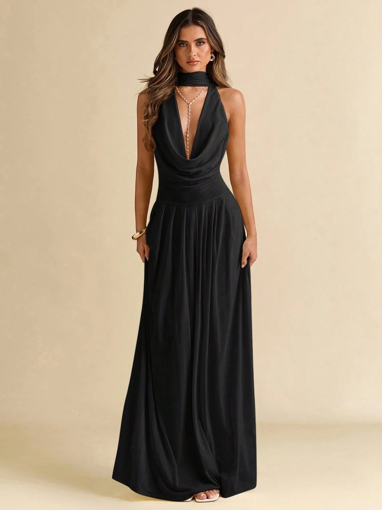 Solid Color Draped Halter Backless Maxi Dress