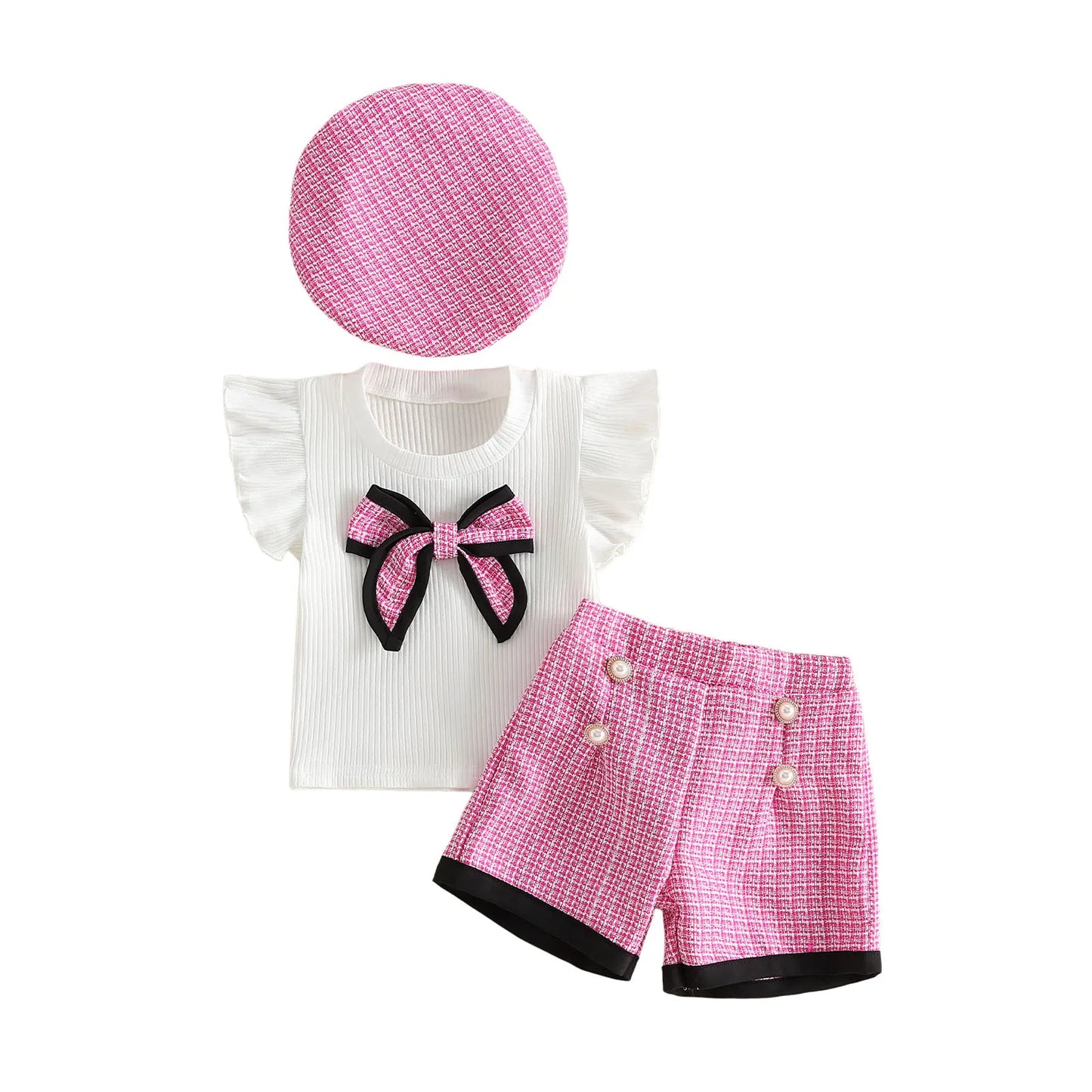 Ruffle Sleeve Top and Denim Shorts Set with Matching Headband