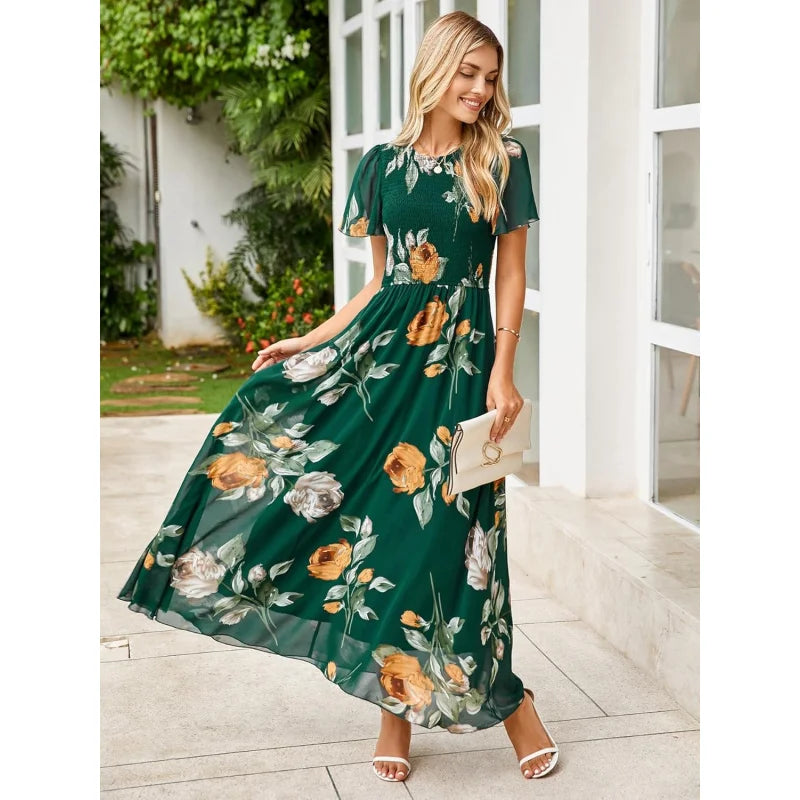 Womens Casual Floral Summer Maxi Dress 2026 Boho Flowy Short Sleeve Crew Neck Vacation Smocked Chiffon Dresses