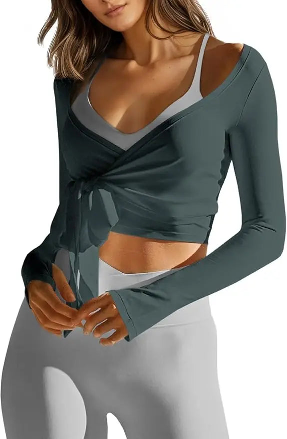 Women's Lightweight Balletcore Wrap Shrug  Tie Front Long Sleeve Crop Top Breathable Knit Shirt For Casual Layered Outfit