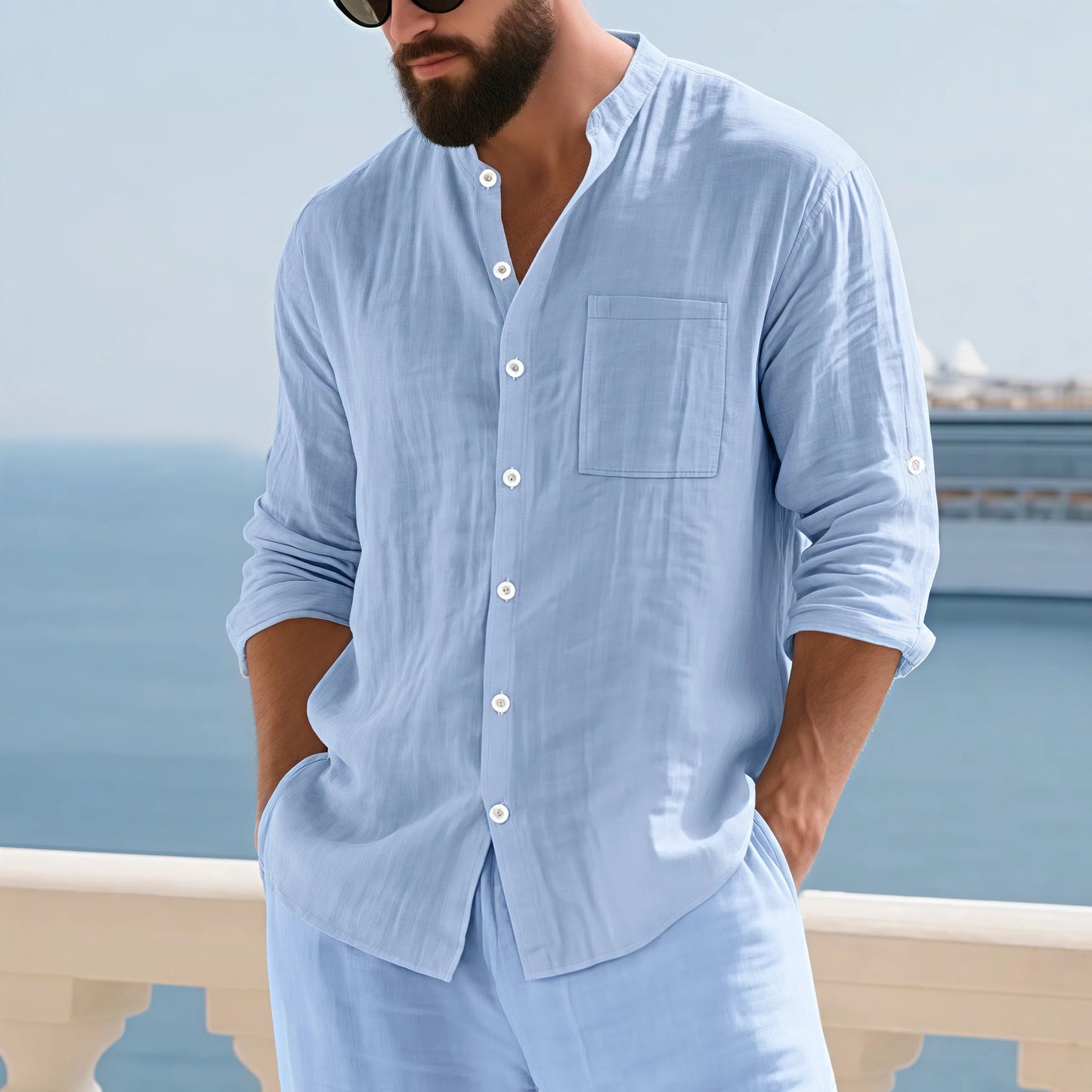 Men White Linen Button Down Long Sleeve Shirt Mandarin Collar Chest Pocket Roll Tab Cuff Loose Oversized & Breathable