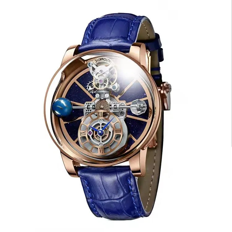 Man Wristwatch Transparent Hollow Design Celestial Roulette Quartz Watches Water Resistant Leather