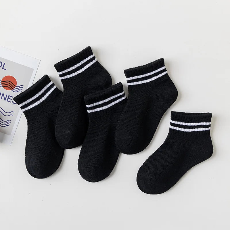 5 Pairs Children  Cotton Socks  Black, White, Gray For 1-12 Years