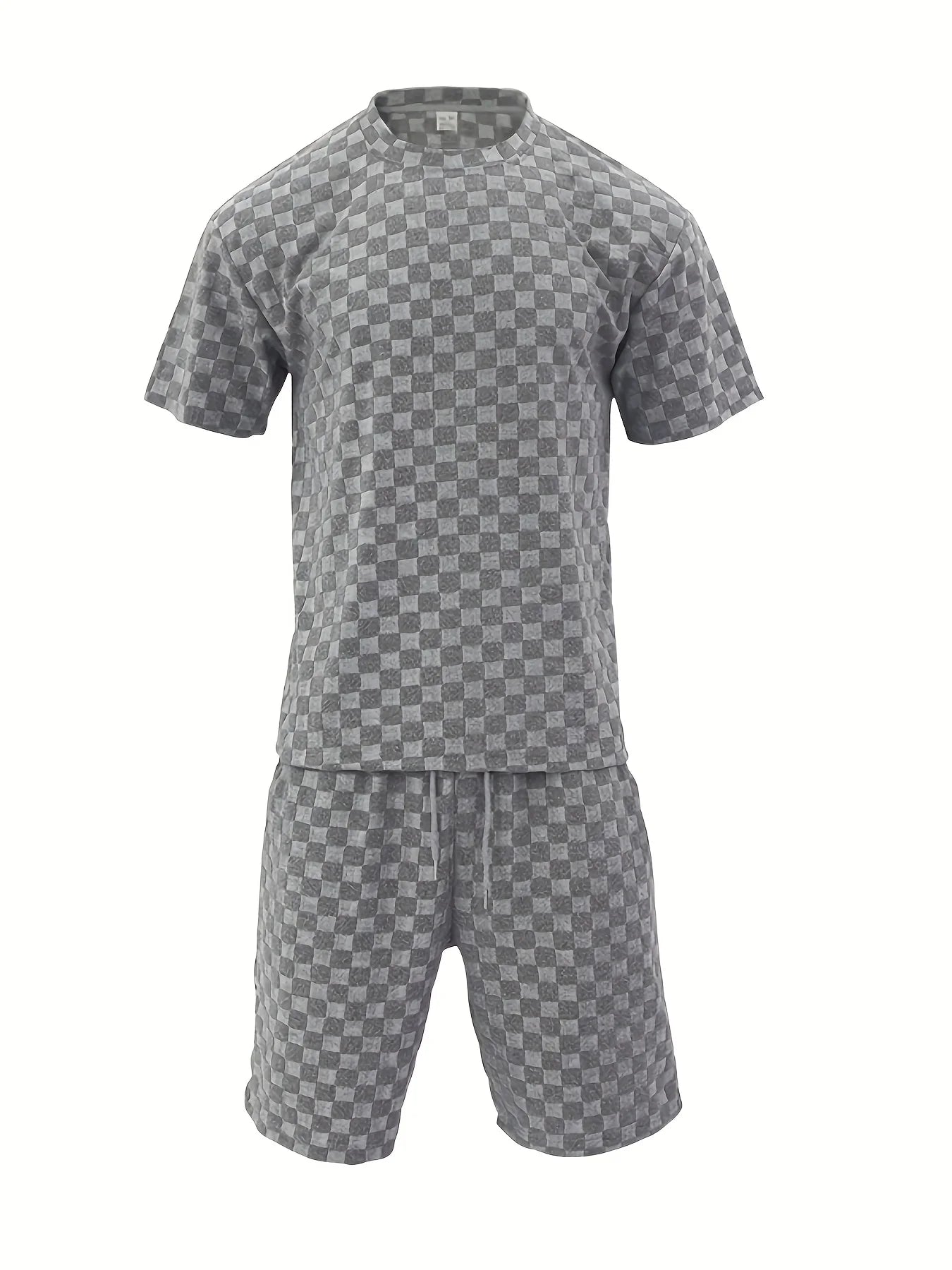 Summer Jacquard Plaid Short-Sleeve T-Shirt And Loose Straight-Leg Casual Shorts Set