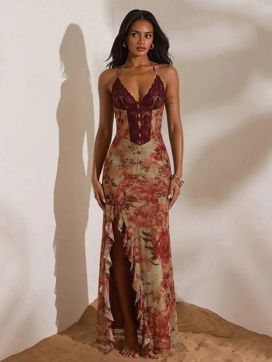 Floral Print Halter Neck Lace Mesh Maxi Dress