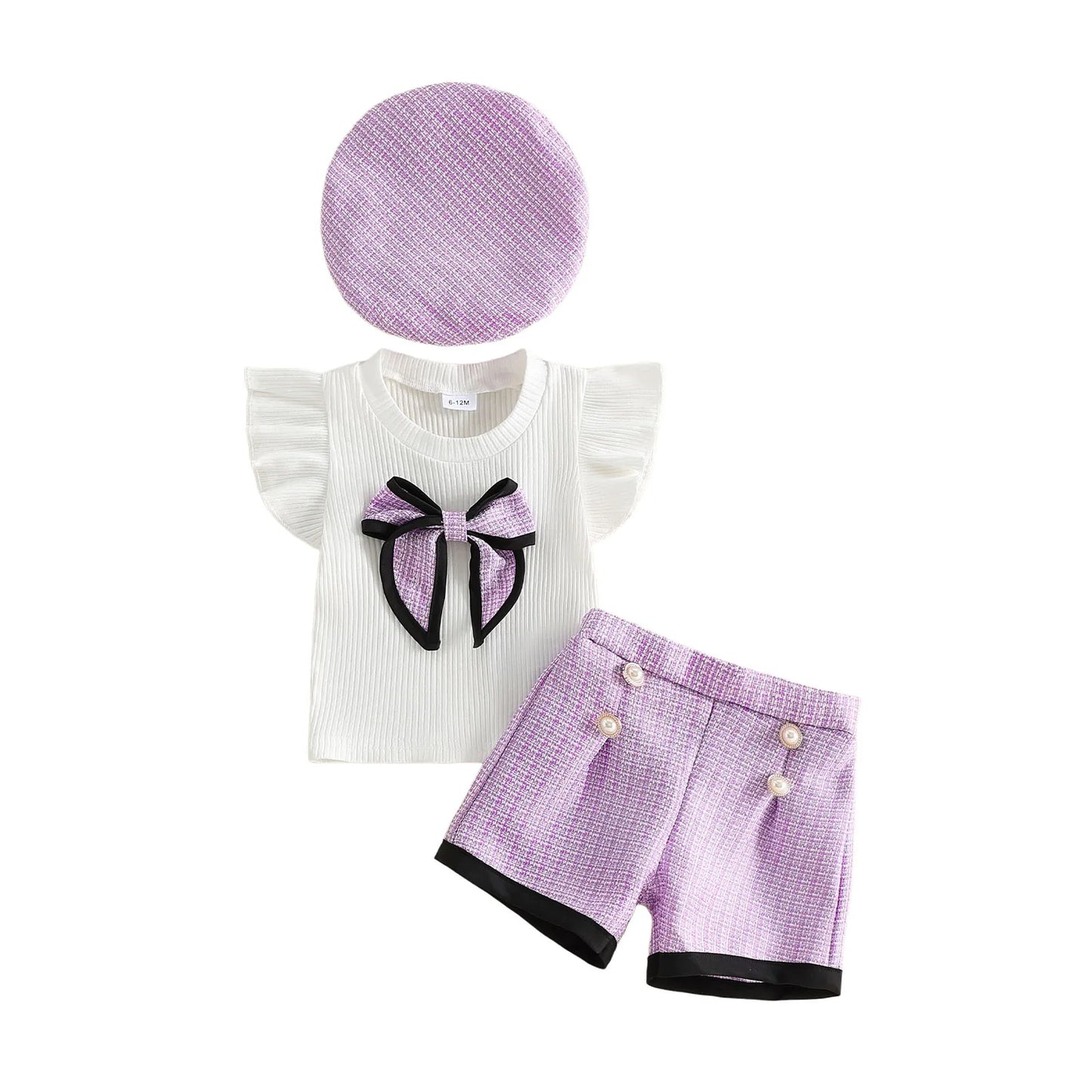 Ruffle Sleeve Top and Denim Shorts Set with Matching Headband